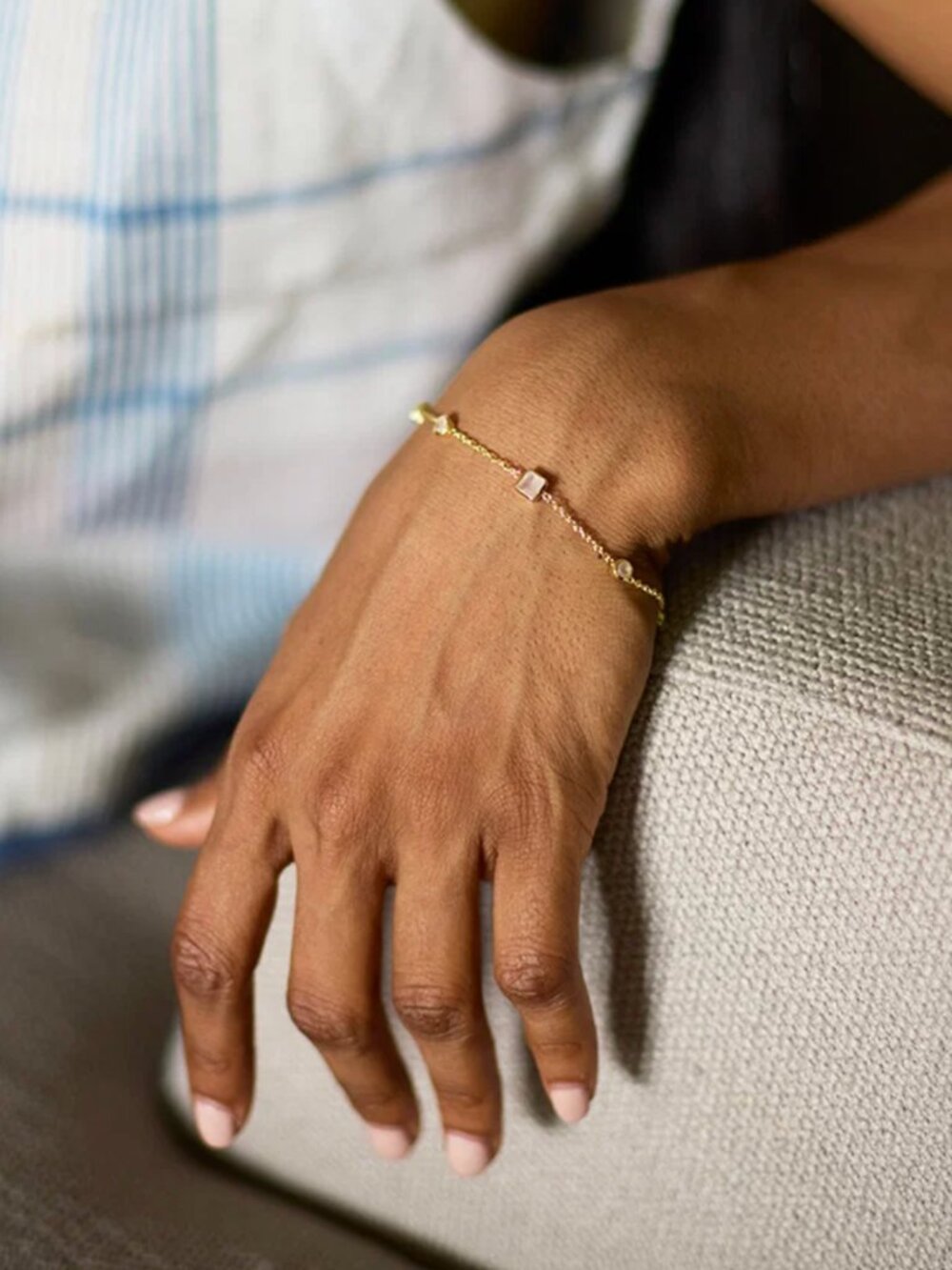 Designer Rose Quartz Chain Bracelet, Gold Plated Brass, Like New